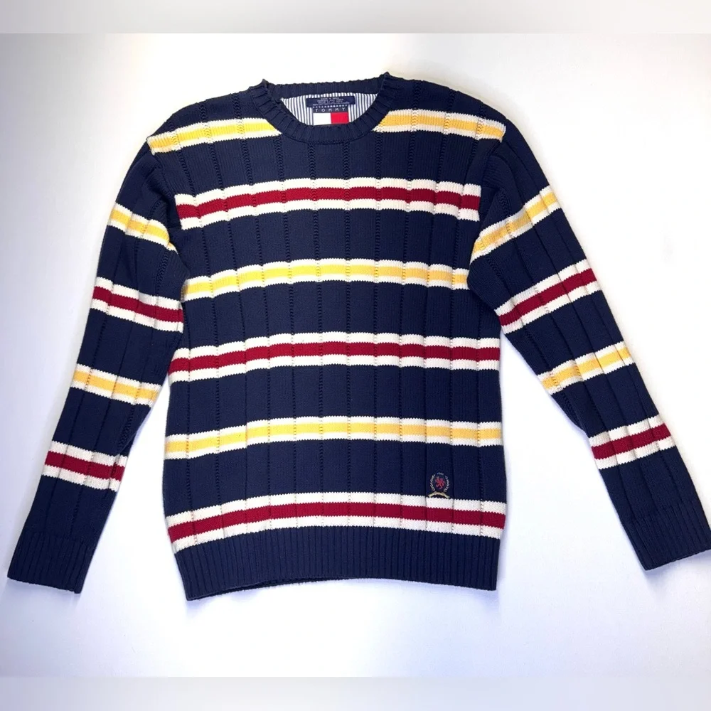 VTG Tommy Hilfiger Cable Knit navy Sweater mens sz Large 90s Y2K‎ striped rugby